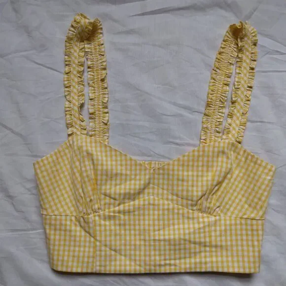 Zara Cropped Yellow White Gingham Tank Top Western Daisy Duke Boho Womens Small - Picture 3 of 12